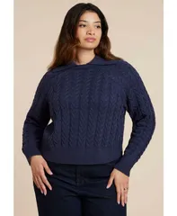 エロクイ レディース アウター ニット・セーター セーター ニット ELOQUII Womens Cableknit Sweater With Wide Collar Rich navy ネイビー