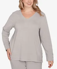 ルビーアールディー レディース トップス シャツ Vネック プラスサイズ ニット Ruby Rd Plus Size Luxe Rib VNeck Button Accent Knit Top Gray Heather グレー