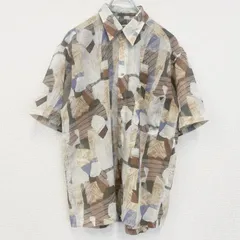 古着 used　KINGS PRIDE　半袖プリント総柄シャツ　レトロデザイン　幾何学模様　胸ポケット　アート　ベージュ　Lサイズ
