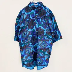 古着 used　半袖プリント総柄シャツ　レトロデザイン　胸ポケット　タイシルク　幾何学模様　派手　青　ブルー　