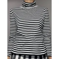 日本ヴィンテージ ブラック ホワイト ストライプ タートルネック ロングスリーブ インナー