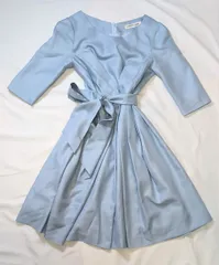 【223696】STRAWBERRY‐FIELDS ストロベリーフィールズ  5分袖ワンピース　フレア　バックファスナー　ポリエステル生地　ベルト付き　1  ・ ライトブルー