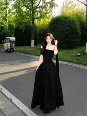 送料無料 パーティードレス ロングドレス オフショルダー アシンメトリー リボン付き ブラック 成人式 結婚式 二次会 披露宴 ゲスト ウエストマーク タイトシルエット 上品 華やか エレガント シック おしゃれ