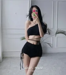 ブラック 片方オフショルダー シャーリング ビキニ 水着