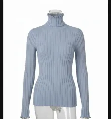 パステル ブルー グレー ゴージ タートルネック ニット