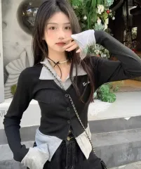 レイヤード ブラック カーディガン 長袖 ニット