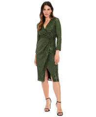 ロンドンタイムス レディース トップス ワンピース プチ ギャザー スパンコール London Times Petite Sequin Side Ruched Surplice Neck Dress Olive オリーブ