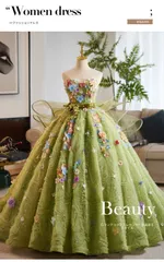 レディース ロングドレス オフショルダー 墨グリーン パフスリーブ 編み上げ ハイウエスト ボリュームスカート パーティードレス 成人式 誕生日 記念撮影 演奏会 発表会 特別な日 上品 華やか 高級感 エレガント フェミニン 大人可愛い ロング丈 S-3XL