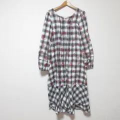 美品 AS KNOW AS アズノウアズ チェック刺繍 長袖 ワンピース グレー レッド レディース 古着 中古 USED