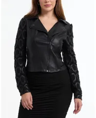 ベベ レディース アウター ジャケット・ブルゾン 刺繍 レザー ジャケット Bebe Womens Leather Embroidered Sleeve Moto Jacket Black ブラックのサムネイル