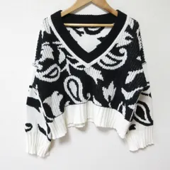 美品 MAX&Co. マックス＆コー ペイズリー 総柄 Vネック 長袖 ショート丈 クロップド ニット セーター S ブラック×ホワイト レディース 古着 中古 USEDのサムネイル