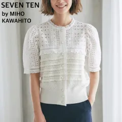 SEVEN TEN by MIHO KAWAHITO セブンテン バイ ミホカワヒト レースドッキングカーディガン 白 ホワイト 五分袖 半袖 Mサイズ コットン 日本製 お出かけ デート ブラウス カットワークレース 透かし編み 美品のサムネイル