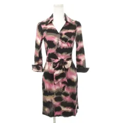 ダイアンフォンファステンバーグ DIANE von FURSTENBERG カシュクールワンピース シルク 絹 ひざ丈 七分袖 襟付き リボン ストレッチ 総柄 4 S ピンク /AH8 ■GY18