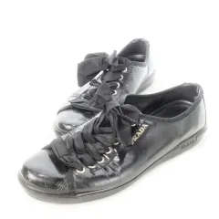 プラダ PRADA スニーカー レースアップ ローカット レザー 革 リボン ロゴ 36.5 23.5cm 黒 ブラック /CK8 ■GY19