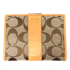 Hn614132  二つ折り財布 コーチ　がま口二つ折りコンパクト財布　シグネチャー　ヌメ皮　ベージュ 中古・美品