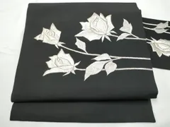 平和屋着物●塩瀬　九寸名古屋帯　総刺繍　枝花文　黒地　金銀糸　正絹　逸品　CABE4552hy