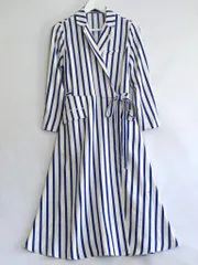 【225666】POLO RALPH LAUREN ラルフローレン  ストライプ　カシュクール/ラップ　ロングワンピース　ポリエステル  ・2 020011912 ホワイト/ブルー