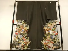 平和屋着物●アンティーク　大正ロマン　黒留袖　刺繍　地紙花文　金糸　金彩　正絹　逸品　AABH4654fy