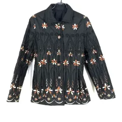 ヴィンテージ レディース 秋冬 刺繍 裏地綿 ジャケット ブラック (HU42905)