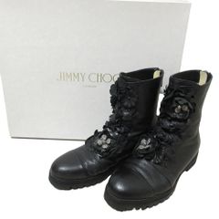 양품 JIMMY CHOO 지미추 HAVANA FLAT 플라워 모티프 레더 쇼트 부츠 38 약 25 cm블랙 레이디스 헌 옷 중고 USED