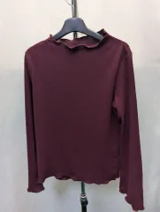 16 ワイン色 なみなみ柄 ネック 長袖 Tシャツ s