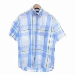 トミーヒルフィガー TOMMY HILFIGER ボタンダウンシャツ BD 半袖 チェック柄 M 白 ホワイト 水色 ライトブルー マルチカラー /UO