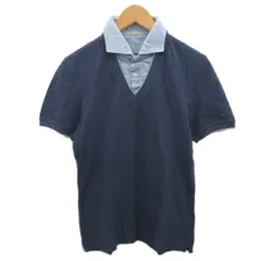 ブルネロクチネリ BRUNELLO CUCINELLI SLIM FIT ポロシャツ 半袖 ドッキング レイヤード XS 紺  ネイビー 水色 ■IBO90のサムネイル