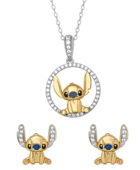 ディズニー レディース アクセサリー ネックレス・チョーカー・ペンダントトップ レース Disney 2Pc Cubic Zirconia Stitch Necklace and Earringset in 18k Yellow Gold Over Sterl