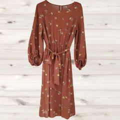 B1562 ロペピクニック ROPE PICNIC ひざ丈ワンピース 長袖(38) 茶 花 総柄 Uネック ノーカラー