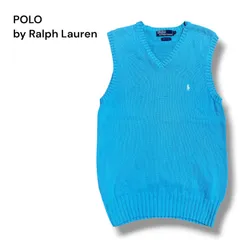 POLO Ralph Lauren ニットベスト コットン Vネック ブルー ワンポイント 古着