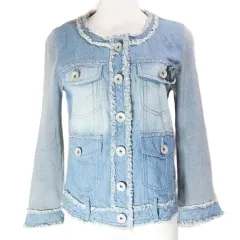 メイソングレイ MAYSON GREY ノーカラー デニム×ニット ジャケット スタッズ フリンジ ブローチ付き 1 S相当 青 ブルー Xのサムネイル