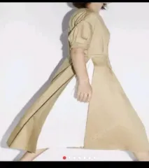 ザラ ベージュ バイカラー プリーツ ロング ワンピース