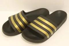 【中古】 adidas メンズサンダル 9 Adilette Comfort Slides adidas 9 黒 ブラック 金 ゴールド ボーダー