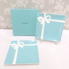 TIFFANY&Co. ティファニー 食器 大東建託 ブルーボウ デザートプレートセット ケーキ皿 角皿 2枚セット 箱有 リボン ノベルティ