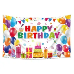 バースデー タ ペストリー 150×90cm 誕生日 飾り付け キラキラ クラウン 3Dプリント 女の子 背景布 写真撮影 壁飾り パーティー飾り SNS撮影 記念日 繰り返し使える 洗える ポリエステル製 (マルチ(風船＋ケーキ＋ギフト))