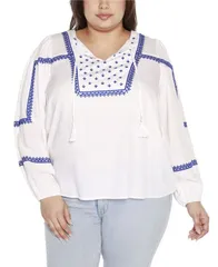 ベルディーニ レディース トップス シャツ プラスサイズ 刺繍 Belldini Black Label Plus Size Embroidered Blouson Tie Neck Top White ホワイト