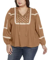 ベルディーニ レディース トップス シャツ プラスサイズ 刺繍 Belldini Black Label Plus Size Embroidered Blouson Tie Neck Top Iced Latte ブラック