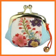 【新品】 がま口 財布 指輪差し付き 小銭入れ ミニサイズ小鈴付 (四季彩爛漫(水色)) 1