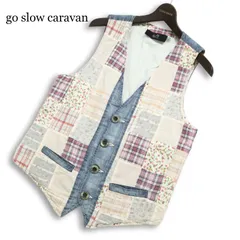 go slow caravan ゴースローキャラバン 春夏★ パッチワーク チェック ボーダー 花柄 切替 デニム ベスト Sz.4 メンズのサムネイル