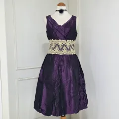 アメリカンヴィンテージ)PURPLE パープル サテン GOLD ゴールドレイ Vネック パーティー 年末 バルーン マキシ ノースリーブ ドレス