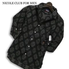 NICOLE CLUB FOR MEN ニコルクラブ フォーメン 春夏  日本製生地★ 襟ワイヤー 7分袖 総柄 格子柄 シャツ Sz.46 メンズ 黒