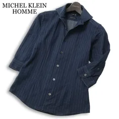 MICHEL KLEIN HOMME ミッシェルクラン オム 春夏★ 七分袖 ジャガード ストライプ スリム シャツ 日本製 Sz.44 メンズ 紺