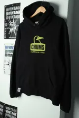 (L-XL) チャムス フード付きTシャツ ビックロゴ ブラック 起毛-169B8