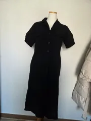 ブラック半袖リネンシャツ ロング ONE PIECE