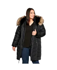 アベニュー レディース アウター ジャケット・ブルゾン コート AVENUE Womens Chevron Long Puffer Coat with Faux Fur Hood Black ブラック