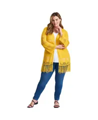 アベニュー レディース アウター ニット・セーター プラスサイズ カーディガン フリンジ AVENUE Womens Plusize Pointelle Fringe Cardigan Sunset yellow イエロー