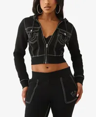 トゥルーレリジョン レディース トップス シャツ パーカー True Religion Womens Big T Shrunken Zip Hoodie Jet Black ブラックのサムネイル