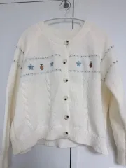 アイボリー ケーブル編み 刺繍 カーディガン