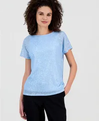 アンクライン レディース トップス シャツ 半袖 スパンコール Anne Klein WomenshortSleeve Sequin TShirt Opal Blue ブルーのサムネイル