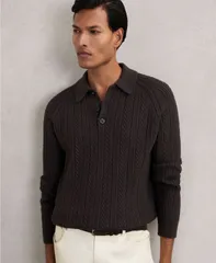 レイス メンズ アウター ニット・セーター ウール シャツ REISS Mens HalfButton CableKnit Wool Shirt Chocolate Brown ブラウン